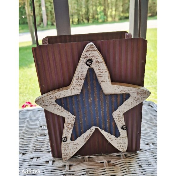 Rustic Metal & Wood Star-Themed Rectangular Bucket With Handle Artsy America - Picture 5 of 7
